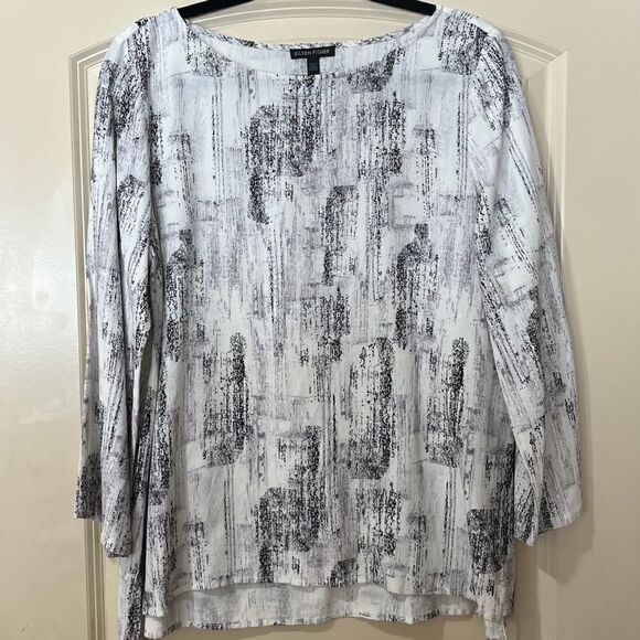 EILEEN FISHER Tencel Printed High-Low Top White Gray Purple Women’s Size Medium - Picture 3 of 8